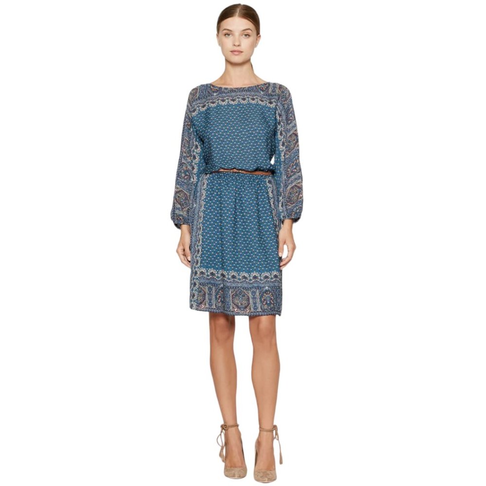 NWT Joie 100% Silk Teal Boho Paisley Print Long-Sleeved Dress with Belt Size M